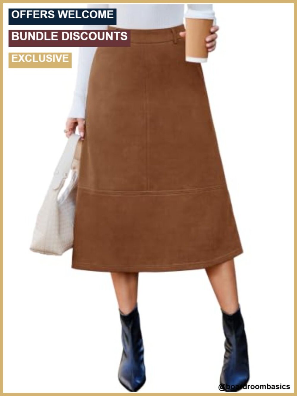 Faux Suede Midi A-Line Skirt High Waisted Fall Work Skirt
